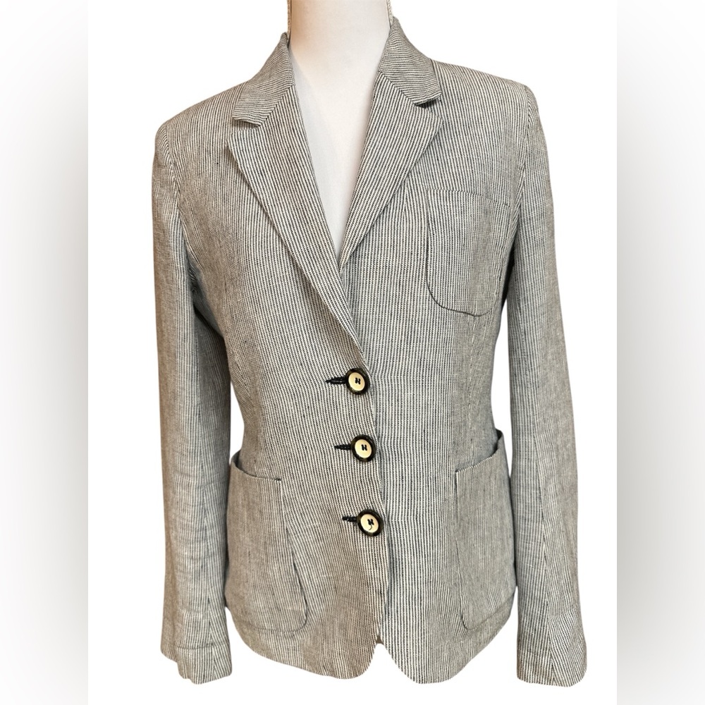 French Connection Navy & White Striped Linen Blazer Three Button Size 6